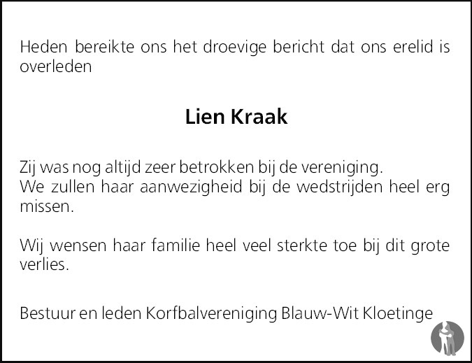 overlijden adv mevrouw Kraak